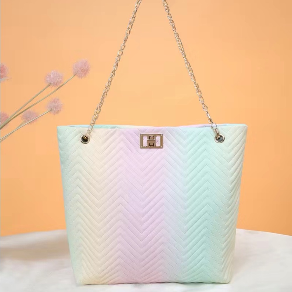 Ombre Tote Bag Quilted Pastel Faux Leather Purse